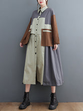 Vintage Loose Long Sleeves Contrast Color Polo Midi Dresses